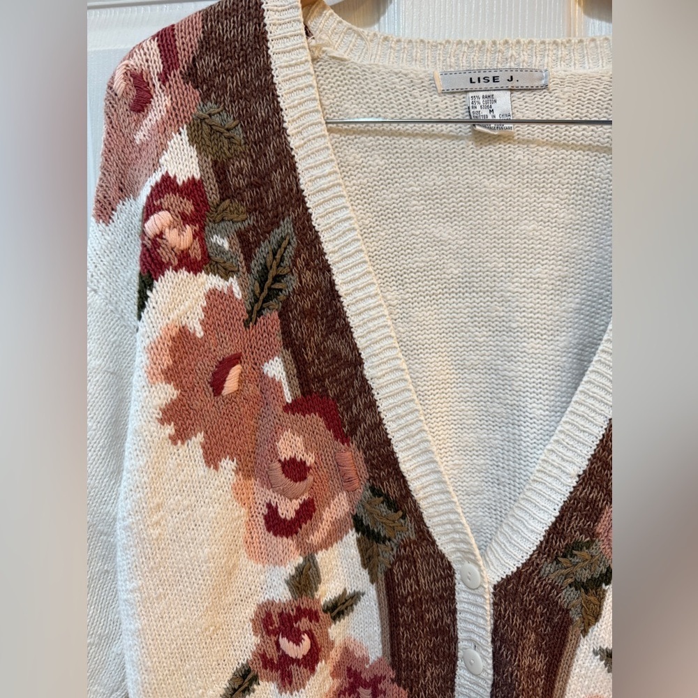 VTG LISE J Women's Floral Knit Cardigan Cream Brown Pink Grandma Cottage Prarie - Picture 2 of 6